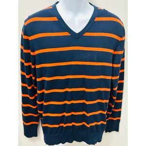 Men's Cashmere Blend V Neck Sweater Striped Orange Navy Medium